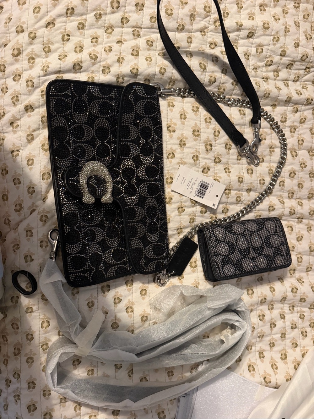 Coach Black Crystal-Studded Signature Crossbody Wallet with Matching Card Case
